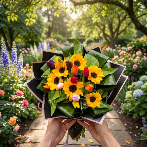 Ramo de flores girasoles con tulipanes con papel coreano